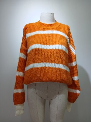 Ambar Turuncu Ekru Çizgili Yumoş Kazak