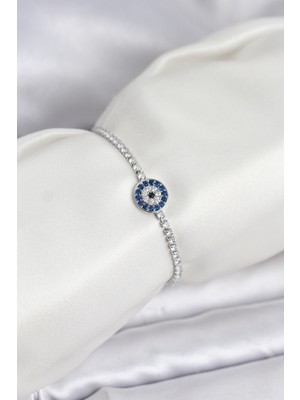 Novytech Gümüş Renk Nazar Model Zirkon Taşlı Asansörlü Su Yolu Bileklik - Lisinya