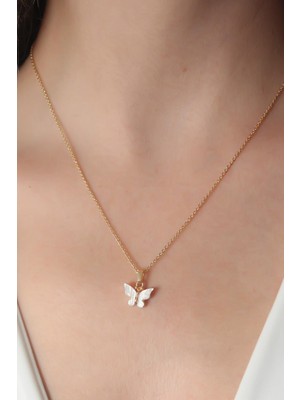 cleovibe Gold Beyaz Renk Kelebek Figür Kadın Kolye