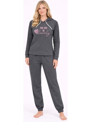 Burcumay Kadın Kapüşonlu Kışlık Gri Eşofman Pijama Takımı