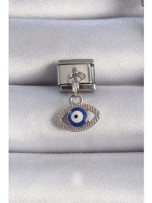 cleovibe 316L Çelik Gümüş Renk Sallantılı Göz Figür Nazar Boncuk Detay Nomination Charm