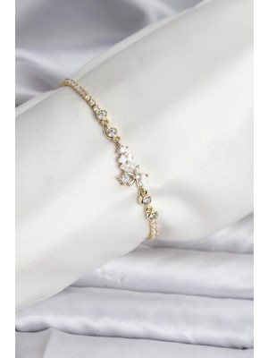 cleovibe Çiçekli Model Zirkon Taşlı Gold Renk Su Yolu Kadın Bileklik