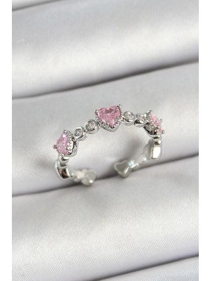 cleovibe Pirinç Sıralı Kalp Figürlü Zirkon Taşlı Gümüş Renk Ayarlanabilir Kadın Yüzük