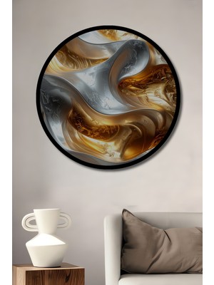 Beta Moda Hub Altın Gümüş Dalgalı Soyut Sanat Dekoratif Ahşap Tablo Yuvarlak Duvar Tablosu Çerçeve Görünümlü