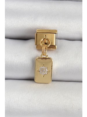 cleovibe 316L Çelik Sallantılı Zirkon Taşlı Kutup Yıldızı Figürlü Dikdörtgen Model Gold Renk Nomination Charm