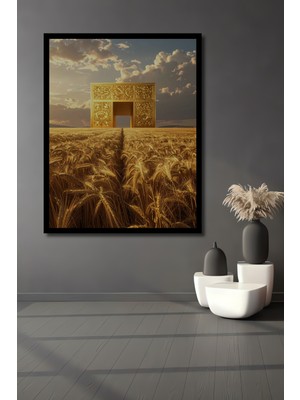 Beta Moda Hub Altın Kapı Buğday Tarlası Yağlı Boya Görünümlü Ahşap Ev,antre,ofis,mutfak Tablo Çerçeve Görünümlü