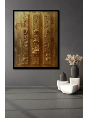 Beta Moda Hub Altın Varaklı Kabartma Çiçek Desenli Modern Sanat Ahşap Ev,ofis,yatak Odası Tablo Çerçeve Görünümlü