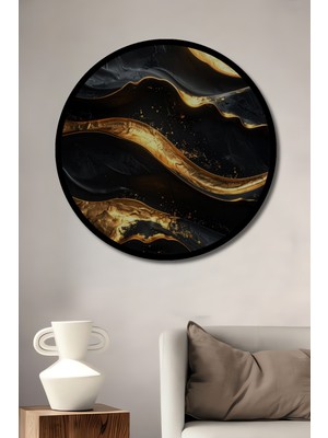 Beta Moda Hub Altın Vurgulu Siyah Soyut Sanat Yağlı Boya Görünüm Ahşap Tablo Yuvarlak Duvar Tablo Çerçeve Görünüm