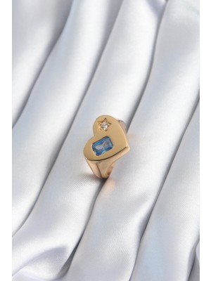 cleovibe Pirinç Gold Renk Kalp Model Zirkon Taş Yıldız Detay Kadın Yüzük