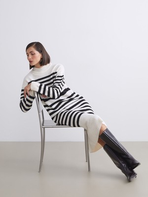 Lc Waikiki Yeni Sezon Yarım Balıkçı Yaka Çizgili Triko Elbise