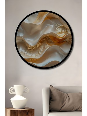 Beta Moda Hub Altın Varak Dokulu Beyaz Dalgalar Yağlı Boya Görünümlü Ahşap Tablo Yuvarlak Tablo Çerçeve Görünümlü