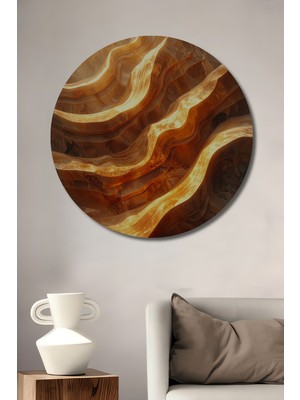 Beta Moda Hub Altın Işık Dalgalı Kayalık Sanat Ahşap Dekoratif Tablo Yuvarlak Duvar Tablosu