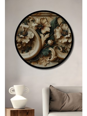 Beta Moda Hub El Yapımı Kabartma Çiçek Desenli Ahşap Dekoratif Tablo Yuvarlak Duvar Tablosu Çerçeve Görünümlü
