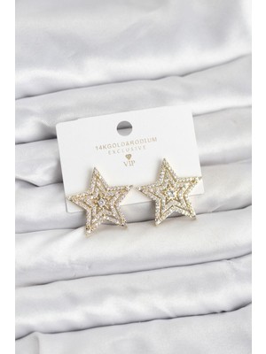 cleovibe Gold Renk Pirinç Zirkon Taşlı Yıldız Model Kadın Küpe