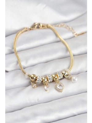 cleovibe Pirinç Gold Renk Kalp Charmlı Kadın Bileklik