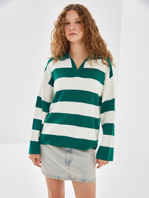 Lc Waikiki Yeni Sezon Polo Yaka Çizgili Kadın Triko Kazak