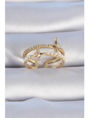 cleovibe Pirinç Gold Renk Zirkon Taşlı Inci Detay Kutup Yıldızı Model Kadın Yüzük