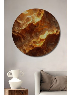 Beta Moda Hub Altın Işıltılı Soyut Kaya Formasyonları Yağlı Boya Görünümlü Ahşap Tablo Yuvarlak Duvar Tablosu