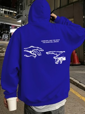 CC Collection Unisex Oversize Saks Mavisi Mikelenjelo El Baskılı Kapşonlu Sweetshirt