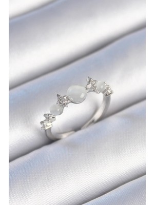 cleovibe Pirinç Gümüş Renk Zirkon Taşlı Yıldız Detay Beyaz Mineli Kadın Yüzük