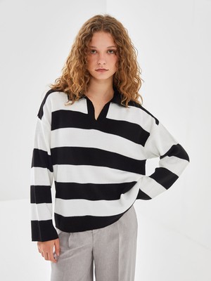 Lc Waikiki Yeni Sezon Polo Yaka Çizgili Kadın Triko Kazak