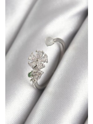 cleovibe Pirinç Gümüş Renk Zirkon Taşlı Çiçek Model Kadın Yüzük