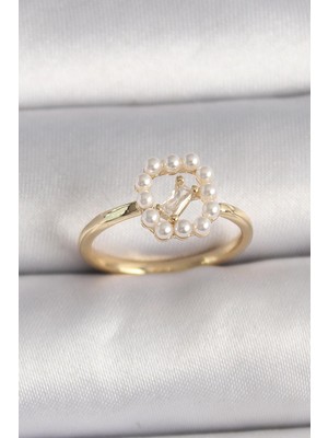 cleovibe Pirinç Gold Renk Zirkon Taş Detaylı Incili Ayarlanabilir Yüzük