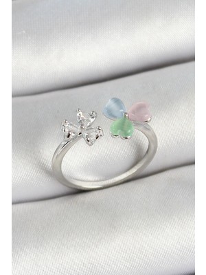 cleovibe Pirinç Kalp Figürlü Zirkon Taşlı Gümüş Renk Ayarlanabilir Kadın Yüzük