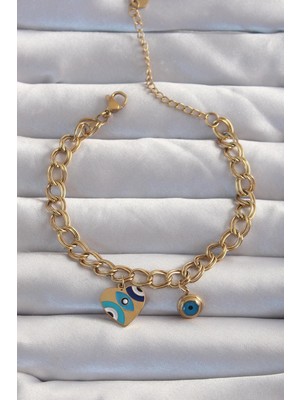 cleovibe 316L Çelik Gold Renk Nazarlı Kalp Model Zincir Bileklik