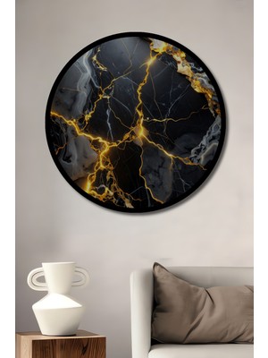 Beta Moda Hub Altın Damarlı Siyah Mermer Dokulu Modern Soyut Sanat Ahşap Tablo Yuvarlak Tablo Çerçeve Görünüm