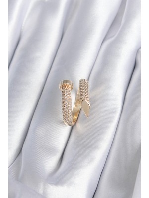 cleovibe Pirinç Gold Renk Çivi Model Zirkon Taşlı Kadın Yüzük