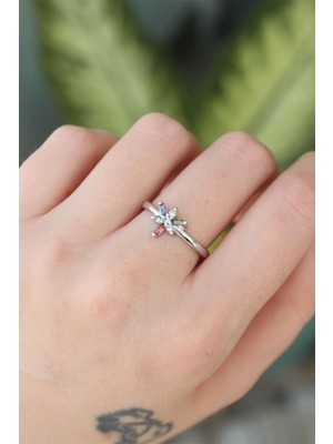 cleovibe Pirinç Gümüş Renk Ayarlanabilir Renkli Zirkon Taşlı Yusufçuk Yüzük