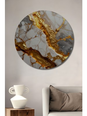 Beta Moda Hub Altın Damarlı Beyaz Mermer Dokulu Modern Sanat Ahşap Dekoratif Tablo Yuvarlak Duvar Tablosu