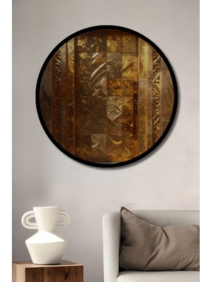 Beta Moda Hub Altın Kaplama Soyut Sanat Ahşap Dekoratif Tablo Yuvarlak Duvar Tablosu Çerçeve Görünümlü