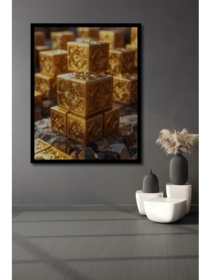 Beta Moda Hub Altın Yaldızlı Antik Desenli Küpler Ahşap Ev,antre,ofis,mutfak,yatak Odası Tablo Çerçeve Görünümlü