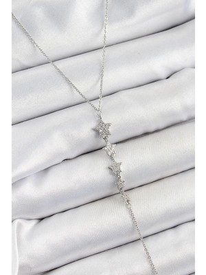cleovibe Pirinç Zirkon Taşlı Sıralı Yıldız Figürlü Y Model Gümüş Renk Kadın Kolye