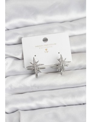 cleovibe Gümüş Renk Pirinç Çift Taraflı Kutup Yıldızı Kadın Küpe