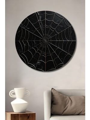 Beta Moda Hub Örümcek Ağı Desenli Siyah Mermer Görünümlü Metalik Çizgili Modern Sanat Ahşap Tablo Yuvarlak Tablo