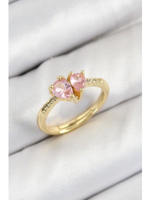 cleovibe Pirinç Zirkon Taşlı Pembe Kalp Model Gold Renk Kadın Yüzük