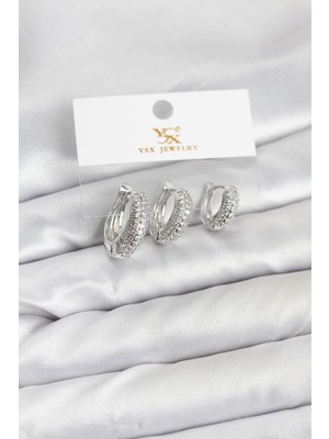 cleovibe Pirinç Gümüş Renk Zirkon Taşlı Halka Model Ysx Trio Küpe Seti