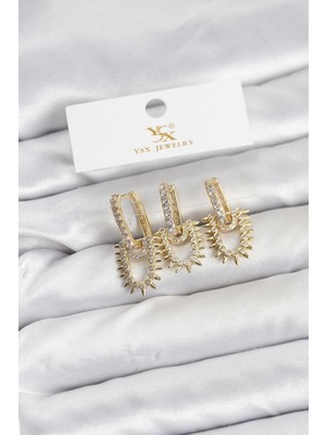 cleovibe Pirinç Gold Renk Zirkon Taşlı Vintage Model Ysx Trio Küpe Seti