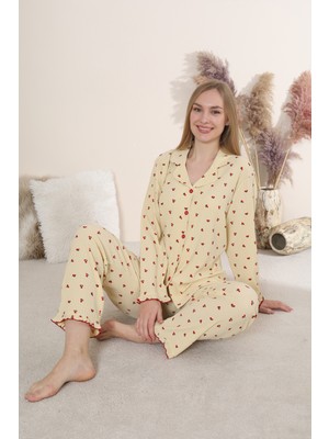 Seboteks Bürümcük Kumaş Önden Düğmeli Kiraz Desenli Uzun Kollu Kadın Pijama Takımı 6006