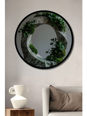 Beta Moda Hub Modern Doğal Taş Görünümlü Yeşil Bitki Döngüsü Ahşap Tablo Yuvarlak Duvar Tablosu Çerçeve Görünümlü