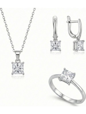 Baleno Concept 925 Ayar Gümüş Kare Kesim Zirkon Taşlı 3'lü Takı Seti - Kolye, Küpe, Yüzük