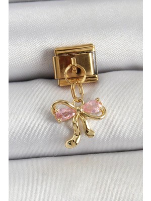 cleovibe 316L Çelik Sallantılı Zirkon Taşlı Fiyonk Model Gold Renk Nomination Charm