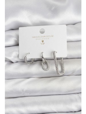 cleovibe Gümüş Renk Zirkon Taşlı 3'lü Kadın Küpe Seti