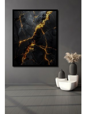 Beta Moda Hub Altın Çatlaklı Siyah Mermer Efektli Modern Sanat Ahşap Ev,antre,ofis,mutfak Tablo Çerçeve Görünümlü