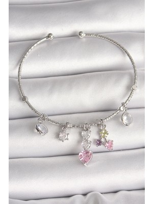 cleovibe Pirinç Gümüş Renk Sallantı Zirkon Taşlı Kalp Figür Charm Kadın Bileklik