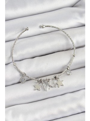 cleovibe Pirinç Zirkon Taşlı Kelebek ve Yıldız Model Gümüş Renk Charm Bileklik