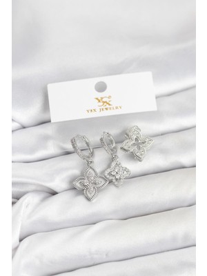 cleovibe Pirinç Gümüş Renk Yonca Model Ysx Trio Küpe Seti